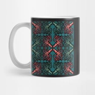 Red and Green Giant Squid Architeuthis pattern on teal Mug